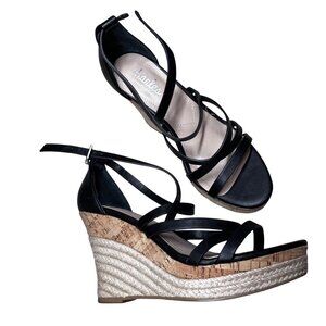 Charles Black Wedge Sandals Cork Rope Adjustable Strappy Design 6M CHARLES-6